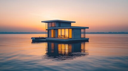 Floating modern house at sunrise over calm water
