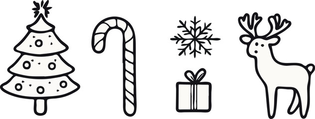 Christmas Holiday Icons Set Christmas Tree Candy Cane Snowflake and Reindeer Doodle Vector Illustration Isolated on White Background for Greeting Card Poster Banner Web Design and Social Media Post