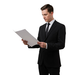 Focused Professional in Black Suit Reading Document, Standing Against White Background