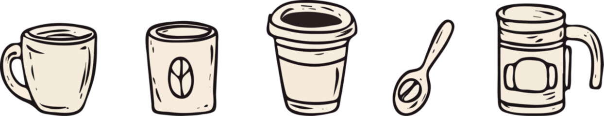 Hand-drawn vector illustration set of various coffee cups, mugs, disposable cups and spoons isolated on white background for cafe, restaurant, coffee shop, menu, poster, banner, or web design element