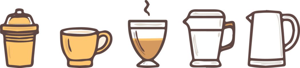Coffee and Tea Cups and Mugs Vector Illustration Set for Cafe Menu Design or Packaging