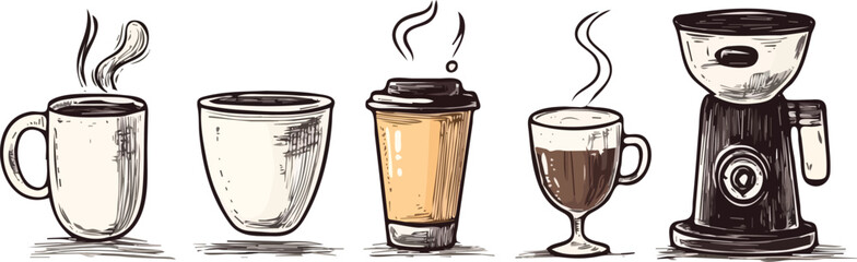 Hand Drawn Coffee Set Vector Illustration with Mug Cup Disposable Cup Latte Glass and Coffee Maker Isolated on White Background for Cafe Menu Design or Packaging