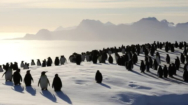 Gentoo penguin colony in the South Pole, Antarctic Peninsula. A large group of wild animals resting on a snowy hill, cold sea and mountains in the background. 4k video
