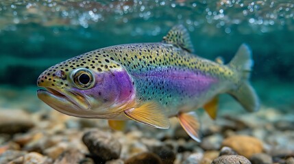 Fototapeta premium Rainbow Trout in Underwater: A vibrantly colored rainbow trout swims gracefully in its natural underwater habitat, showcasing intricate patterns and stunning hues.