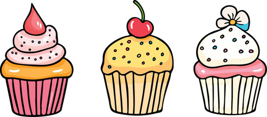 Set of three cute cupcakes with different toppings vector illustration isolated on white background concept for print web design banner poster sticker card and textile design