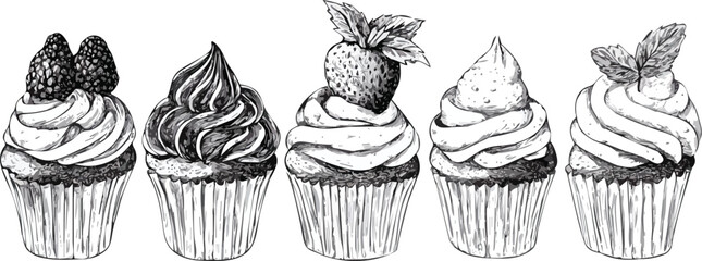 Set of five hand drawn cupcakes with different toppings blackberries strawberry and mint vector illustration isolated on white background ideal for menu cards invitations and posters