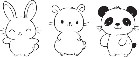 Set of three cute hand drawn animals bunny hamster and panda vector illustration isolated on white background concept for print web design banner poster sticker card textile design and kids apparel