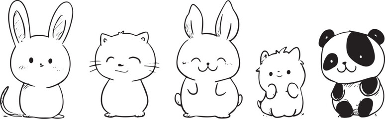 Cute Hand-drawn Animals Vector Illustration Set featuring Bunny Rabbit, Kitten Cat, and Panda Bear Designs for Kids Products, Apparel, and Nursery Decor