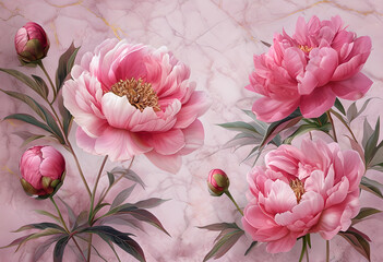 Blooming Peonies Against Marble Background In Soft Pink Tones. Wallpaper Soft Pink Peonies on Marble. Pink Peony Blooms on White Marble
