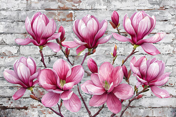 Illustration Pink Flowering magnolia on a worn white brick background. Floral Wallpaper with Pink Magnolia on a Branch.