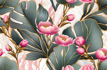 Tropical leaves and pink peonies on a marbled pink background. Floral Wallpaper Pink Peonies. Marble Pink Background.