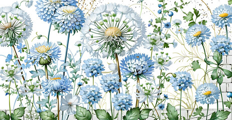 Botanical Illustration of Vibrant Flowers and Lush Foliage. Blue Spreang Flowers with Green Leaves on white background.