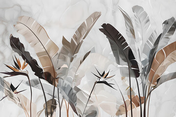 Watercolor Wallpaper Tropical leaves on gray background. Tropical Plant Leaves On Grey Marble Texture. Watercolor Tropical  Illustration