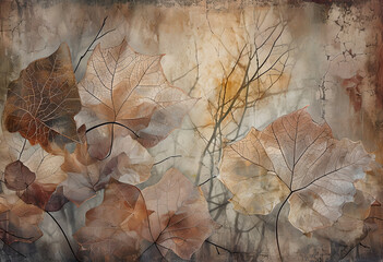 Illustration Abstract leaves in brown colors. Abstract Botanical background, wallpaper. Autumn Leaves closeup on grunge gray concrete background.