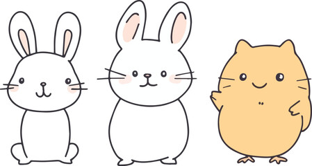 Fototapeta premium Cute Kawaii Bunny Rabbit and Chick Vector Illustration Set Isolated on White Background for Easter Spring and Baby Themes Design Element for Greeting Cards Invitations Posters and Social Media Posts