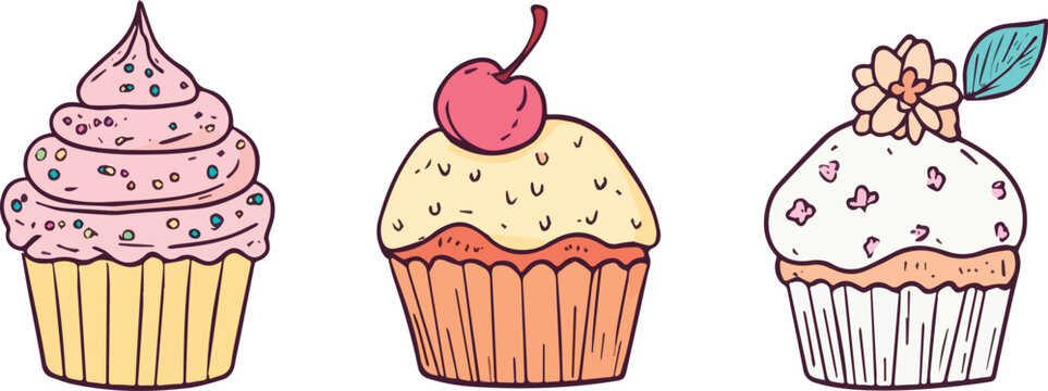 Set of three cute hand drawn cupcakes with pink cream sprinkles cherry and flower vector illustration isolated on white background concept for cafe menu birthday greeting card and kids design