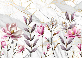 Delicate Pink Magnolia Flowers on Elegant Marble Texture. Magnolia Flower Wallpaper on gray with gold marble background.