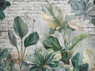 Watercolor illustration of Green Monstera Leaves on a white brick background. Wallpaper with Green Leaves in close-up. White Brick Wall.
