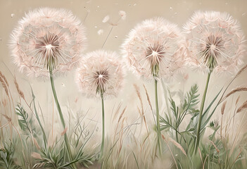 Close-up illustration of dandelions on beige background. Watercolor floral illustration, dandelions in grass, light beige background.