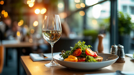 Obraz premium Elegant Dining Experience Featuring Gourmet Plate of Food Paired with Fine Glass of Red Wine Delight