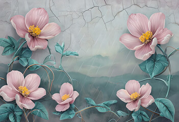 Floral Illustration of Pink Flowers with Rain on a Abstract  textured Background. Wallpaper Pink Flowers on Grange  textured Grey Blue Background.