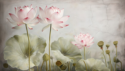 Illustration of Lotus Flowers on a Gray Concrete Background. Watercolor Wallpaper Pink Lotus flowers with green Leaves.