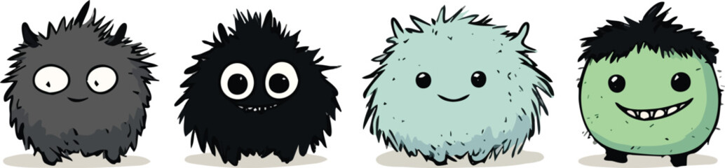 Set of four cute cartoon monsters fluffy hairy creatures with different emotions isolated on white background vector illustration for kids design web banner poster sticker card and textile design