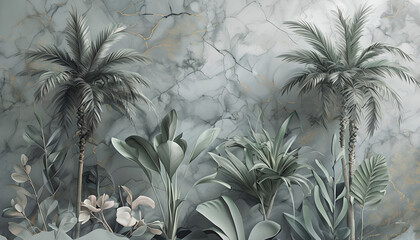 Watercolor Botanical illustration of tropical plants. Tropical Plants wallpaper on gray marble background.