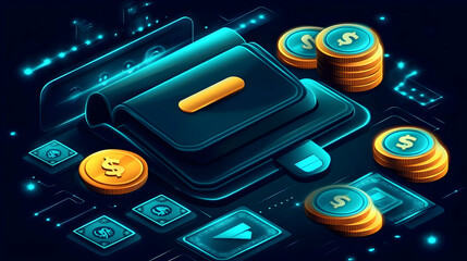 Digital Wallet with Gold Coins Isometric Illustration