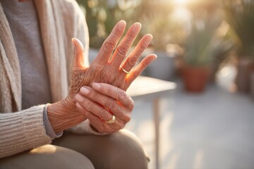 Obraz premium An elderly woman with arthritis massaging her inflamed hands. A potted plant is seen in the background of the image.