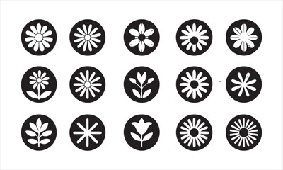 set of twelve black and white flower icons features various floral designs, including daisies, stylized flowers, and a tulip, all in a circular shape vector art on white