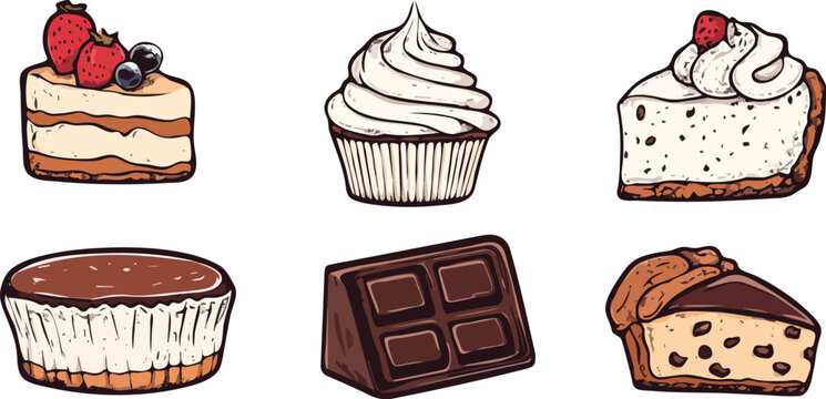 Set of vector illustrations of various desserts including cake slices, cupcakes, chocolate bar and cheesecake perfect for menu designs, cafe branding, and dessert shop marketing materials