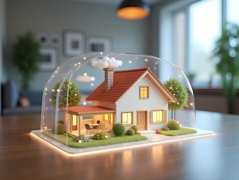 AI generated A holographic 3D render model showcases a small living house on a table in a real estate agency, Ai Generated.