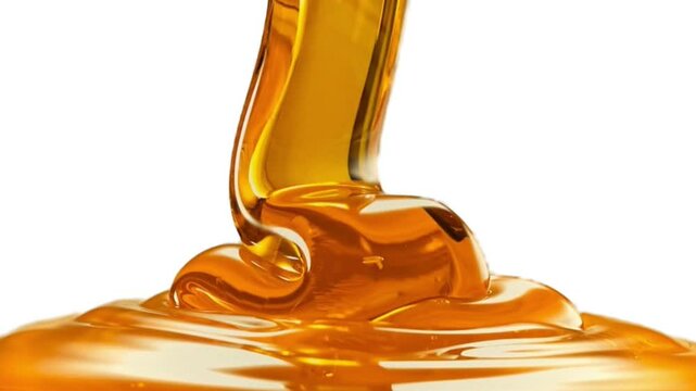 golden yellow honey poured from above isolated in white