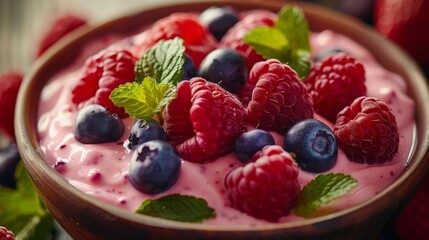 A vibrant bowl filled with creamy yogurt topped with fresh raspberries, blueberries, and mint, perfect for a healthy snack or breakfast option bursting with flavor.