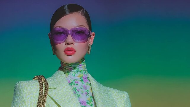 Stylish woman with violet glasses and colorful background in trendy modern design