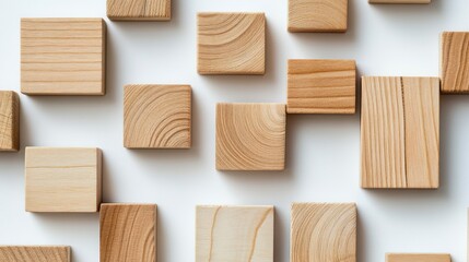 Light brown wooden blocks arranged in a grid pattern on a white surface.