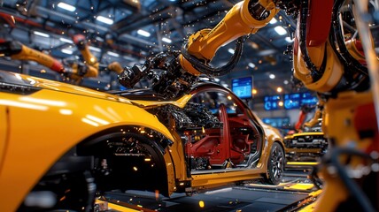 Automated robotic assembly line in modern auto factory with yellow car and sparks flying, highlighting technological precision and efficiency. Robotics and automation