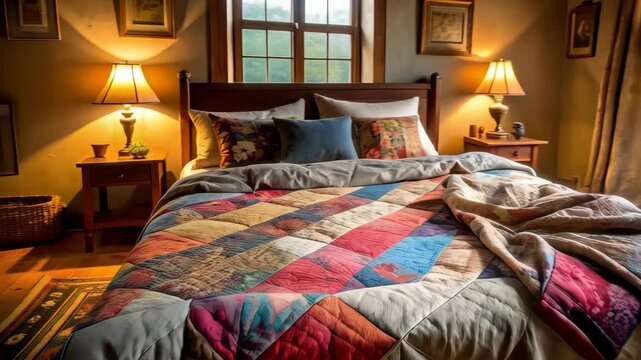 Cozy bedroom interior with a colorful patchwork quilt on the bed, wooden furniture, and sunlight streaming through the windows creating a warm ambiance