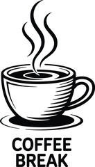 Black and white coffee break logo featuring a steaming coffee cup design for cafes