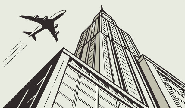 A jet flying above a scyscraper                      
