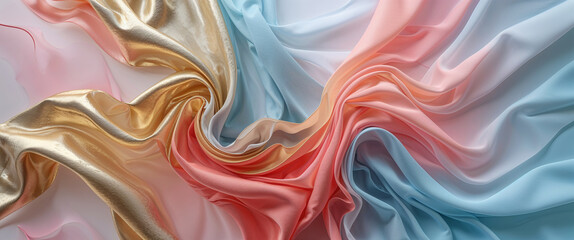 Obraz premium Elegant flowing fabric with gold, pink, and blue hues creating a luxurious aesthetic design