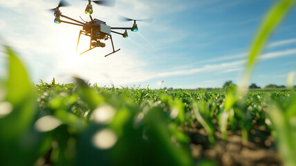 Aerial drone captures agricultural field in morning sunlight showing green crops and blue sky while enabling modern farming innovations. Robotics and automation