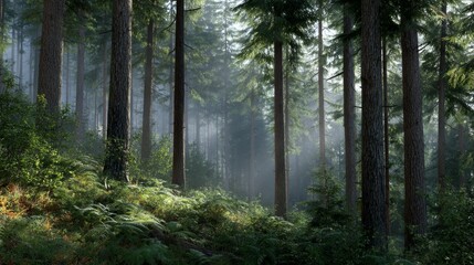 Fototapeta premium Lush green forest landscape with tall trees, soft sunlight filtering through the canopy, creating a serene atmosphere, showcasing the beauty of nature and tranquility in the wilderness