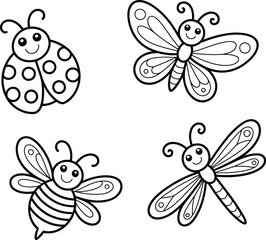 Cute and cheerful cartoon insects butterfly bee dragonfly and ladybug vector illustration