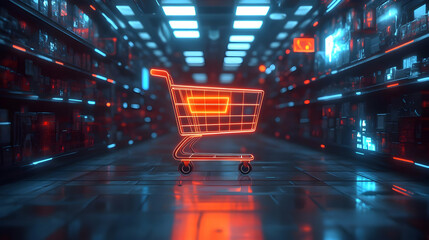 Glowing Shopping Cart Icon in Futuristic Neon Store Aisle