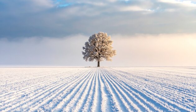 solitary tree in winter fog and mist on the field - Powered by Adobe