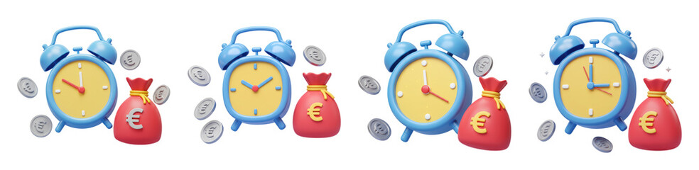 Time is Money Concept with 3D Alarm Clocks, Euro Bags, and Coins