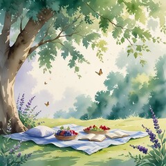 Peaceful Picnic Under Tree with Fruit and Book