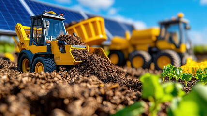 Agriculture technology focus with miniature yellow tractors in solar-powered landscape demonstrating vibrant sustainable farming innovation. Robotics and automation